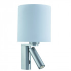Applique cylindrique adjustable wall avec liseuse, en argent satiné avec abat-jour blanc