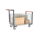 Chariot modulaire grillagé 2 dossiers + 2 ridelles, plateau bois 1000 x 600 mm, 250 kg