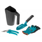 Gardena kit outils de jardinage 4 pièces : transplantoir robuste, réservoir en plastique, paire de gants de jardinage