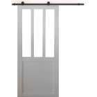 Porte coulissante atelier blanc vitre depoli h204 x l73 + rail a roulettes et 2 coquilles gd menuiseries