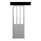 Porte coulissante atelier blanc vitre depoli h204 x l73 + rail alu bandeau noir et 2 coquilles gd menuiseries