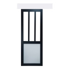 Porte coulissante atelier noir et panneaux blanc vitree h204 x l73 + rail alu bandeau blanc et 2 coquilles gd menuiseries