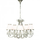 Chandelier oksana, nickel poli, pampilles cristal, 5 abat-jours blancs