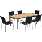 Salon de jardin table et 6 fauteuils acier brossé et teck melbourne