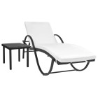 Transat chaise longue bain de soleil lit de jardin terrasse meuble d'extérieur avec coussin et table résine tressée noir helloshop26 02_0012453