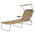 Transat chaise longue bain de soleil lit de jardin terrasse meuble d'extérieur pliable avec auvent acier taupe helloshop26 02_0012814