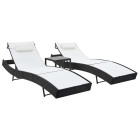 Lot de 2 transats chaise longue bain de soleil lit de jardin terrasse meuble d'extérieur et table résine tressée et textilène noir helloshop26 02_0012146