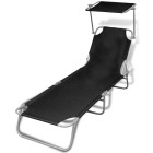 Transat chaise longue bain de soleil lit de jardin terrasse meuble d'extérieur pliable avec auvent acier et tissu noir helloshop26 02_0012808