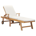 Transat chaise longue bain de soleil lit de jardin terrasse meuble d'extérieur 195 cm avec coussin bois de teck solide crème helloshop26 02_0012429