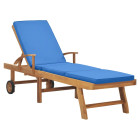 Transat chaise longue bain de soleil lit de jardin terrasse meuble d'extérieur avec coussin bois de teck solide bleu helloshop26 02_0012428