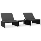 Lot de 2 transats chaise longue bain de soleil lit de jardin terrasse meuble d'extérieur avec table résine tressée noir helloshop26 02_0012131