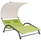 Transat chaise longue bain de soleil lit de jardin terrasse meuble d'extérieur double avec auvent textilène vert helloshop26 02_0012726