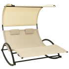 Transat chaise longue bain de soleil lit de jardin terrasse meuble d'extérieur double avec auvent textilène crème helloshop26 02_0012720