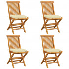 Chaises de jardin avec coussins blanc crème 4 pcs teck massif