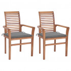 Chaises à dîner 2 pcs avec coussins gris bois de teck massif