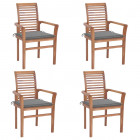 Chaises à dîner 4 pcs avec coussins gris bois de teck solide