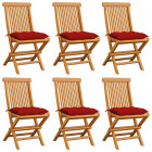 Chaises de jardin avec coussins rouge 6 pcs bois de teck massif