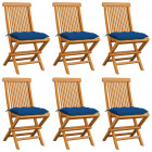 Chaises de jardin avec coussins bleu 6 pcs bois de teck massif