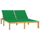 Transat chaise longue bain de soleil lit de jardin terrasse meuble d'extérieur double et coussins vert bois de pin imprégné helloshop26 02_0012761