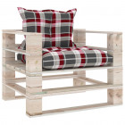 Canapé palette de jardin et coussins carreaux rouge bois de pin