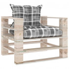Canapé palette de jardin et coussins carreaux gris bois de pin