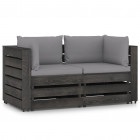 Canapé de jardin 2 places avec coussins bois imprégné de gris coussin gris