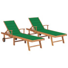 Lot de 2 transats chaise longue bain de soleil lit de jardin terrasse meuble d'extérieur avec coussin vert bois de teck solide helloshop26 02_0012038