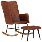 Chaise à bascule avec repose-pied marron cuir véritable