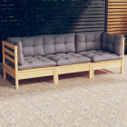 Canapé 3 places de jardin et coussins gris bois de pin solide