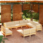 Salon de jardin 12 pcs avec coussins crème bois de pin solide