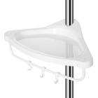 Étagère de douche télescopique d’angle de salle de bain hauteur 95-300 cm - poteau en inox 4 plateaux 3 crochets 1 porte-serviettes blanc et argent