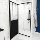 Pack Porte de Douche Atelier Pivotante Noire 80×200 cm et Receveur Blanc Effet Pierre 80x80x4 cm Aurlane - FAC419