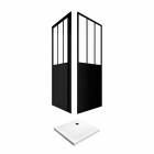 Pack complet paroi porte de douche pivotante et paroi de retour type atelier et receveur blanc effet pierre - 80x200cm - profile noir mat - verre transparent 5mm - workshop 80 + paroi retour workshop side 80 + receveur moon square 80 Aurlane - FAC423