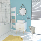 Meuble salle de bain scandinave blanc 60 cm sur pieds avec tiroir, vasque a poser et miroir rond - nordik basis runt 60