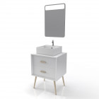 Meuble salle de bain scandinave blanc 60 cm sur pieds avec tiroir - vasque a poser et miroir led - nordik basis led 60