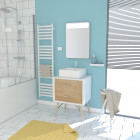 Meuble salle de bain scandinave blanc et bois naturel 60 cm sur pieds avec tiroirs, vasque a poser et miroir led - nordik skuff led 60