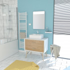 Meuble salle de bain scandinave blanc et bois naturel 80 cm sur pieds avec tiroirs, vasque a poser et miroir led - nordik skuff led 80 Aurlane - LAV513