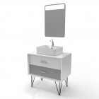 Meuble salle de bain scandinave blanc et gris 80 cm sur pieds avec tiroirs, vasque a poser et miroir led - nordik skuggning led 80 Aurlane - LAV515