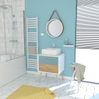Meuble salle de bain scandinave blanc bleu et bois naturel 60 cm sur pieds avec tiroir, vasque a poser et miroir rond - nordik dubbel runt 60