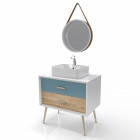 Meuble salle de bain scandinave blanc bleu et bois naturel 80 cm sur pieds avec tiroir, vasque a poser et miroir rond - nordik dubbel runt 80 Aurlane - LAV517