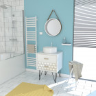 Meuble salle de bain scandinave blanc 60 cm sur pieds avec tiroir, vasque a poser et miroir rond - nordik skal runt 60