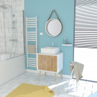 Meuble salle de bain scandinave blanc et bois 60 cm sur pieds avec portes, vasque a poser et miroir rond - nordik naturlig runt 60