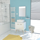 Meuble salle de bain scandinave blanc 60 cm sur pieds avec portes, vasque a poser et miroir led - nordik klapp led 60