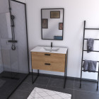 Ensemble meuble de salle de bain 80x45cm style industriel couleur chene naturel style industriel - 2 tiroirs - vasque blanche - miroir et pieds noir mat - industry brown 80