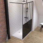 Pack paroi de douche 120x200 cm noir mat + receveur a poser rectangle blanc - finition pierre Aurlane - PACF064