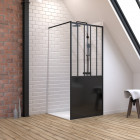 Pack paroi de douche 90x200 cm noir mat + receveur haut a poser 90x90cm - blanc effet pierre Aurlane - PACF072