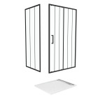 Porte coulissante et retour avec sérigraphie noire 120x90x200 cm + receveur blanc effet pierre Aurlane - PACF189