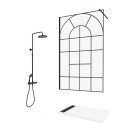 Paroi de douche 120x195 motif verrière + receveur blanc 80x120 + colonne de douche noire mécanique Aurlane - PACF276