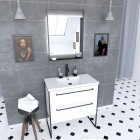 Pack meuble de salle de bain 80x50cm blanc - 2 tiroirs - vasque blanche et miroir noir mat - structura p011
