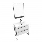 Pack meuble de salle de bain 80x50cm blanc - 2 tiroirs blanc - vasque blanche et miroir noir mat - structura p012